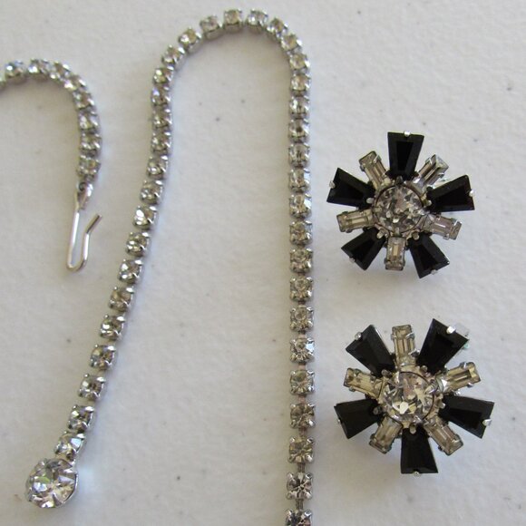 B David Signed Vintage Black/Clear Austrian Crystal Necklace/Clip On Earrings - Picture 12 of 16